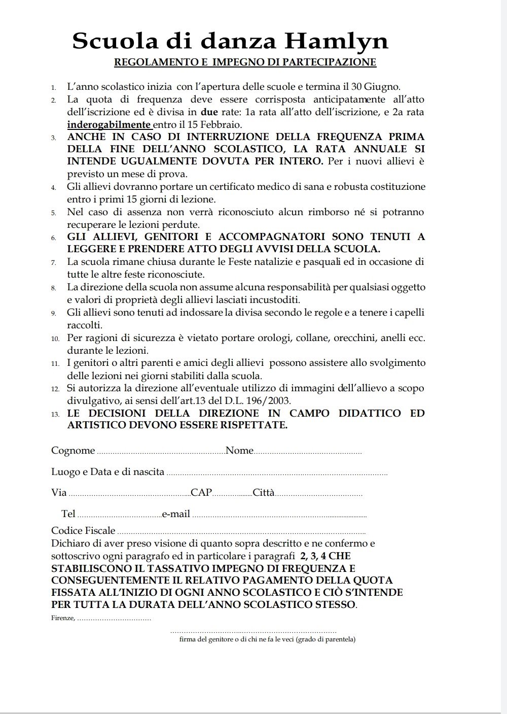 Regolamento per l'iscrizione